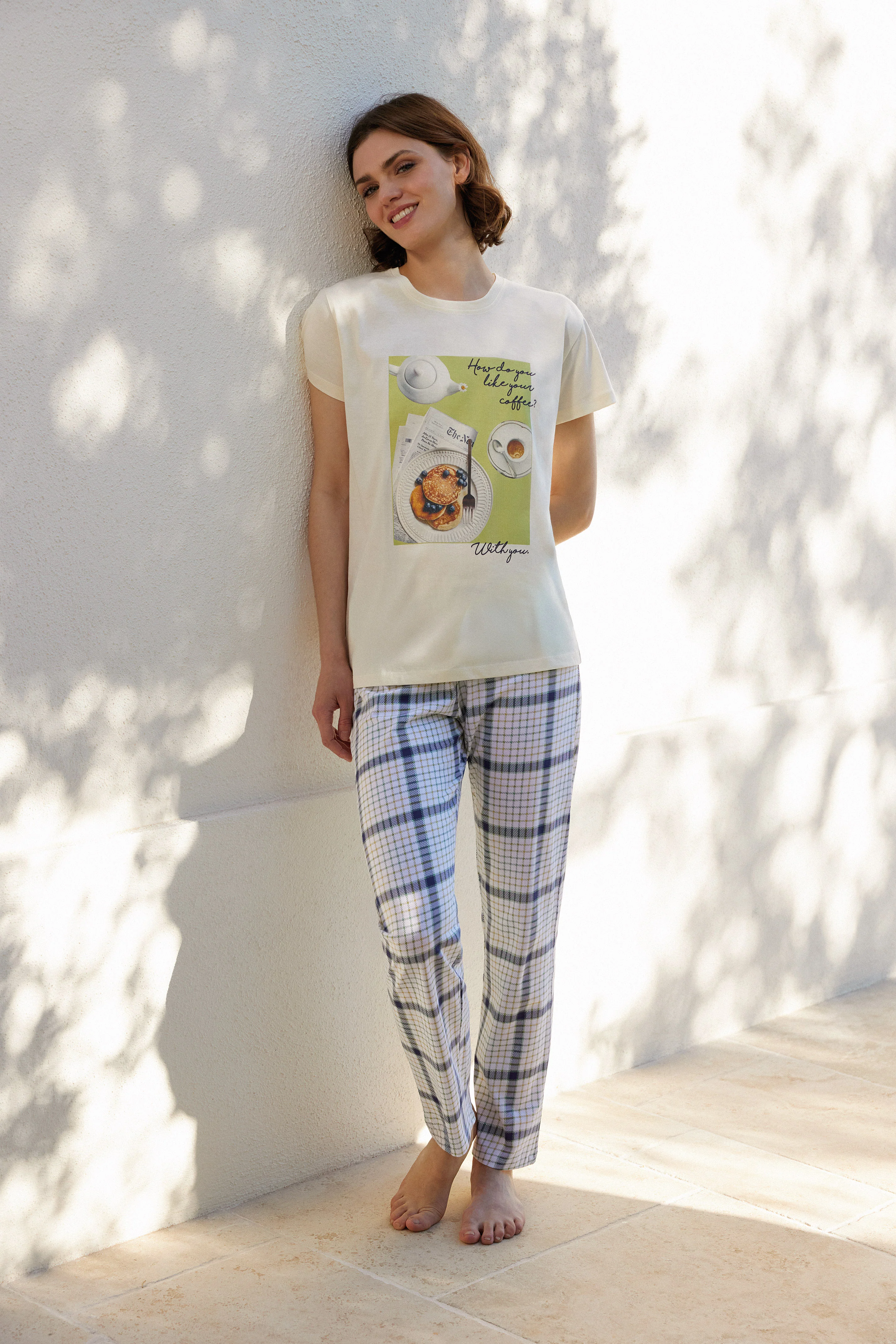 Pigiama mezza manica 100% cotone fantasia scozzese serie crema - Image 3