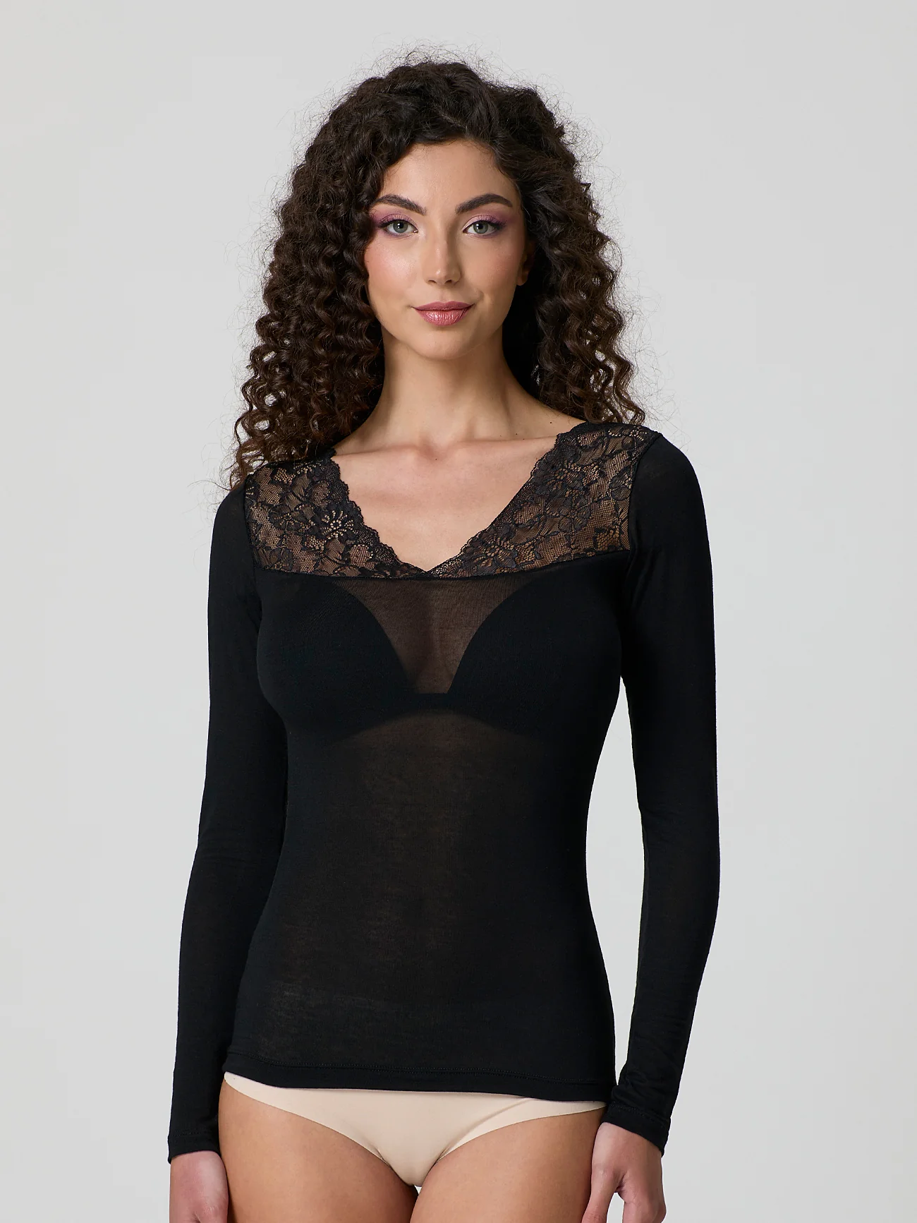 Maglia cashmere con scollo a "v" e inserto in pizzo - Image 7